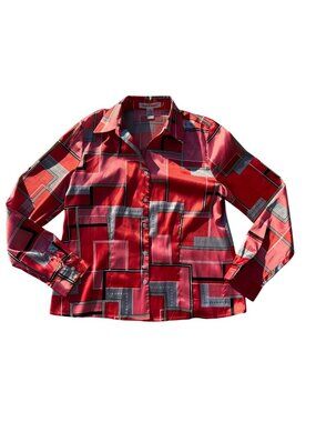 Rafael Women's Button-Down Shirt Red Geometric Print Size 14 Polyester Blend